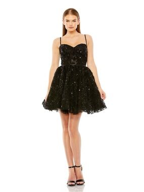 Mac Duggal Black Beaded Strap Bustier Sequin Mini Dress Fit & Flare Size 2